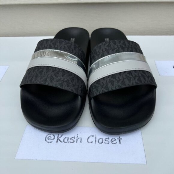 Michael Kors Brandy Metallic Striped Logo Slide Sandal- Black Multi - Picture 2 of 5